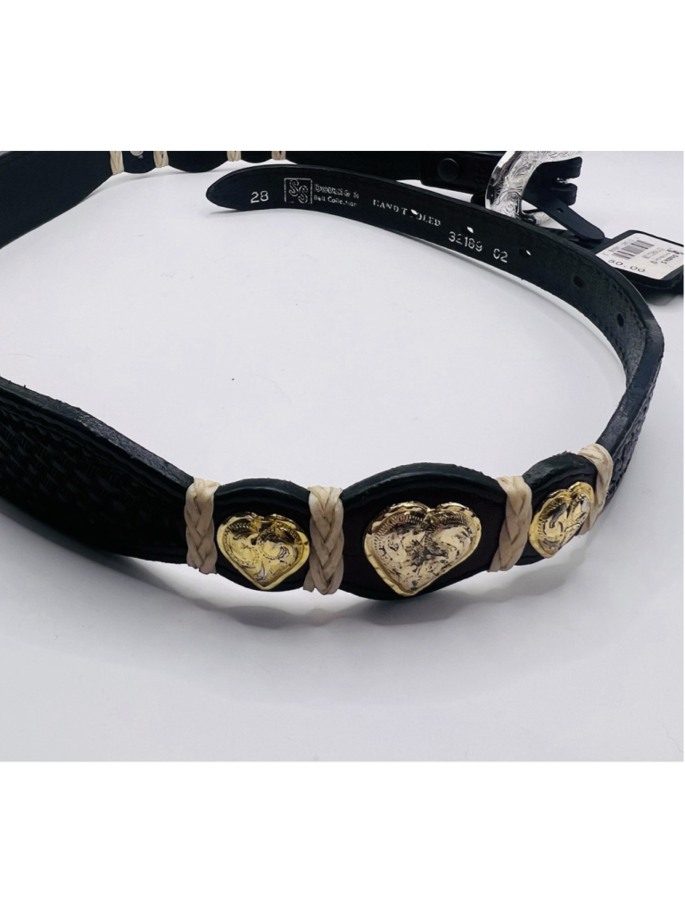 NWT Women’s Western SS Double S Brown Belt 28” Gold Heart Conchos Silver Buckle